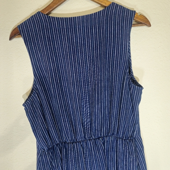 Old Navy Linen Blend Dress Womens Medium Blue White Nautical Stripe Patch Pocket - Picture 5 of 10